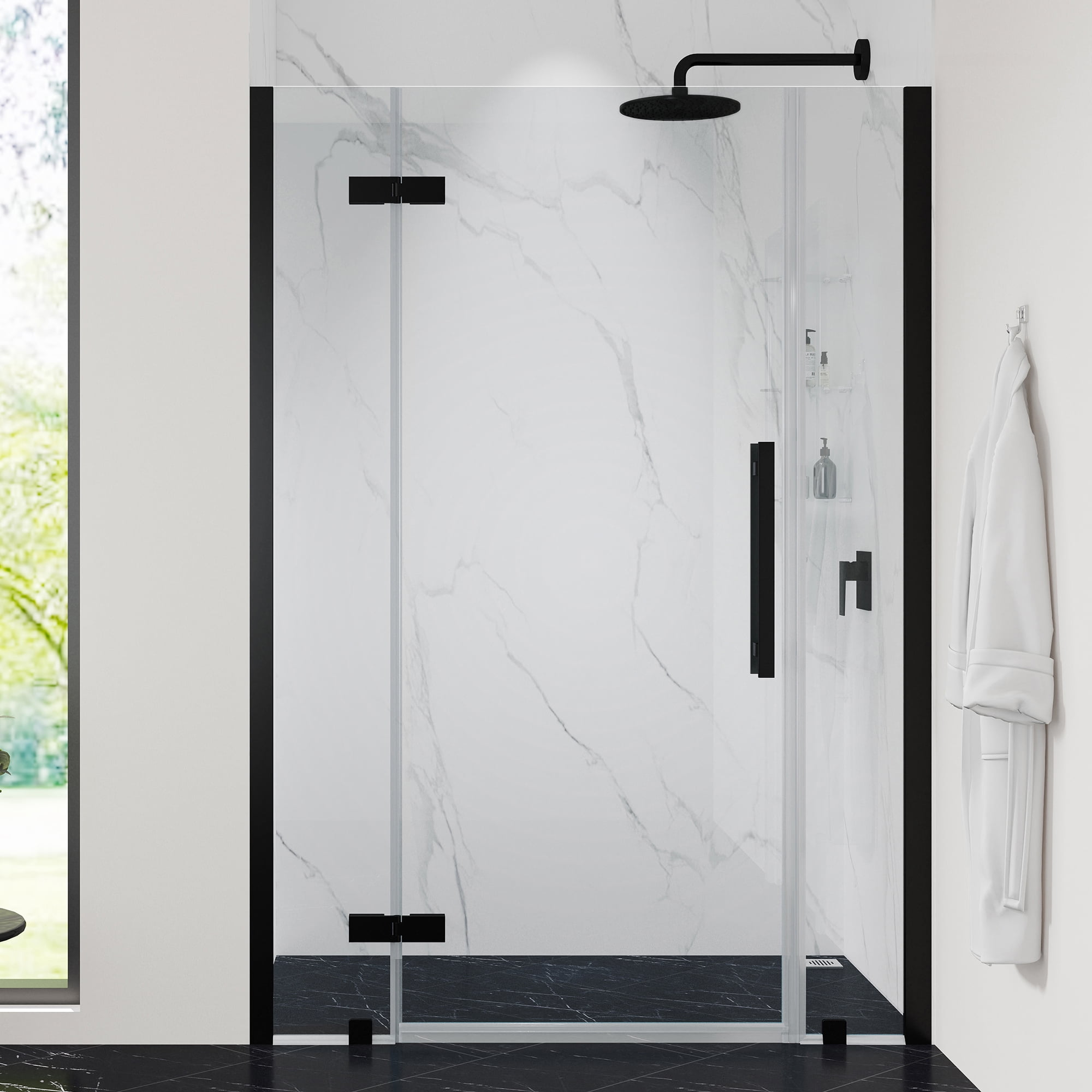 Tampa 46" x 72" Black Frameless Shower Kit with Shelves