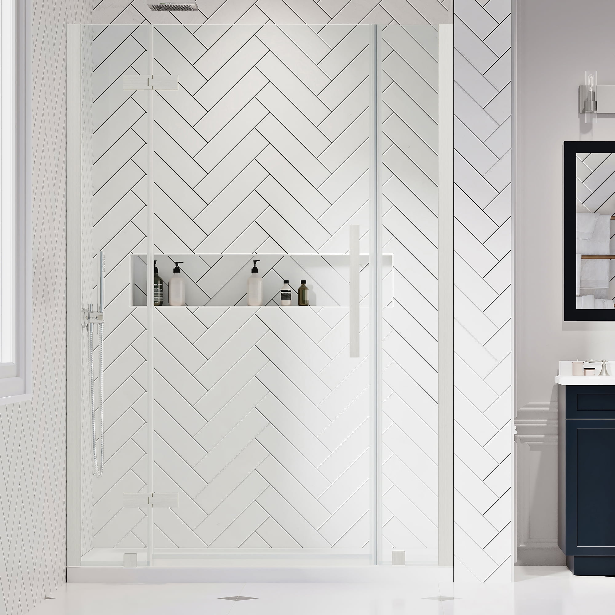 Tampa Satin Nickel Frameless Alcove Shower Kit with Tempered Glass Panels