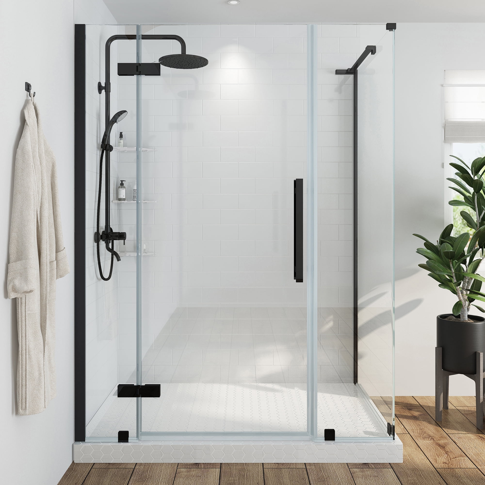 Tampa 72"H x 50"W Black Frameless Glass Shower Kit with Shelves