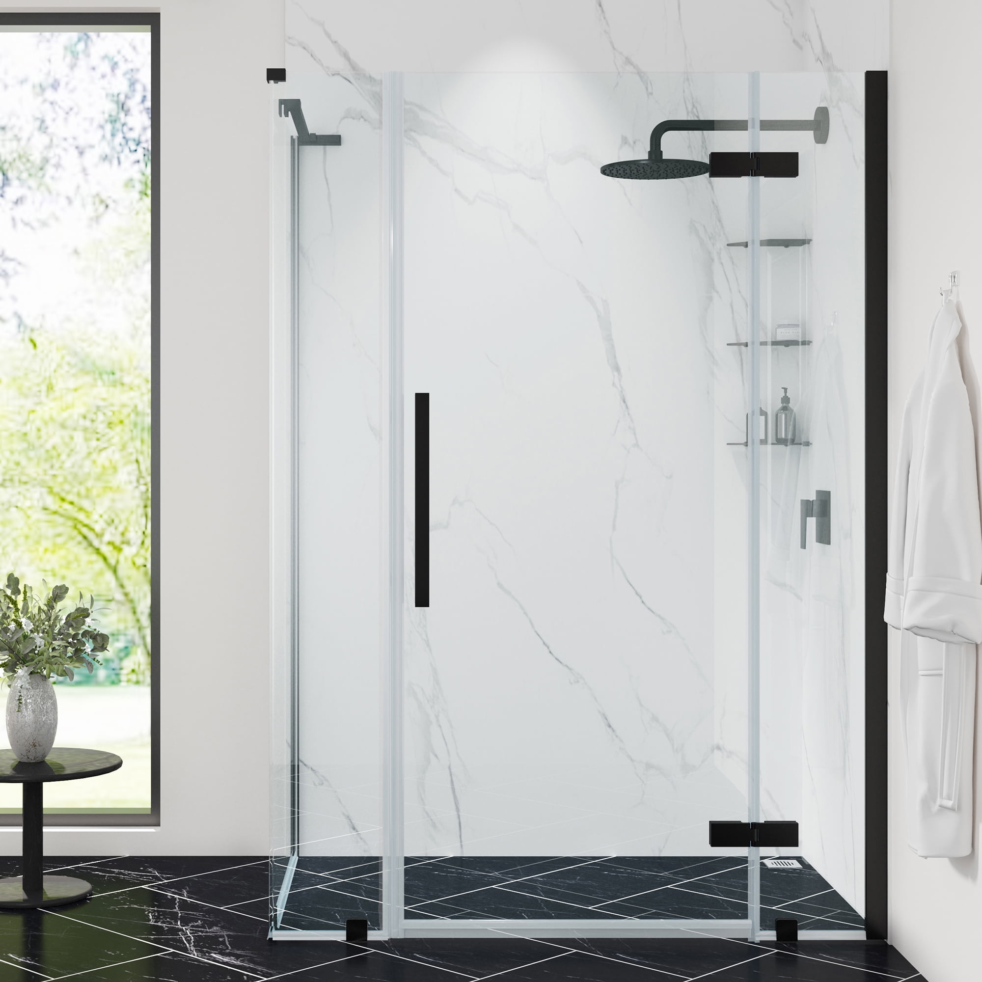 Tampa Black Frameless Corner Shower Kit with Tempered Glass Panels