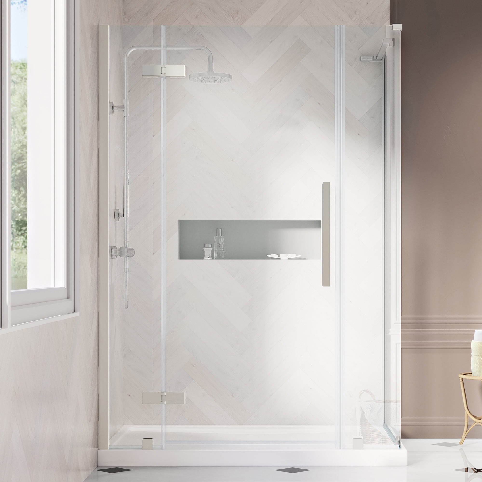 Tampa Satin Nickel Frameless Corner Shower Kit with Acrylic Base