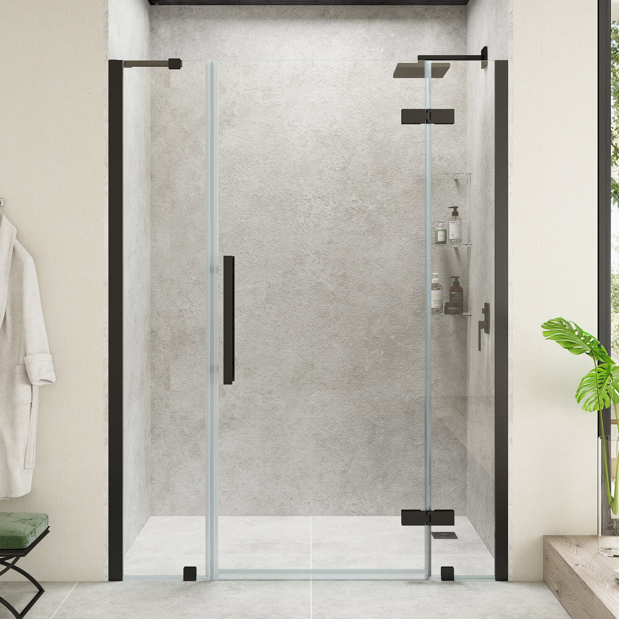 Black Frameless Corner Shower Kit with Tempered Glass Panels