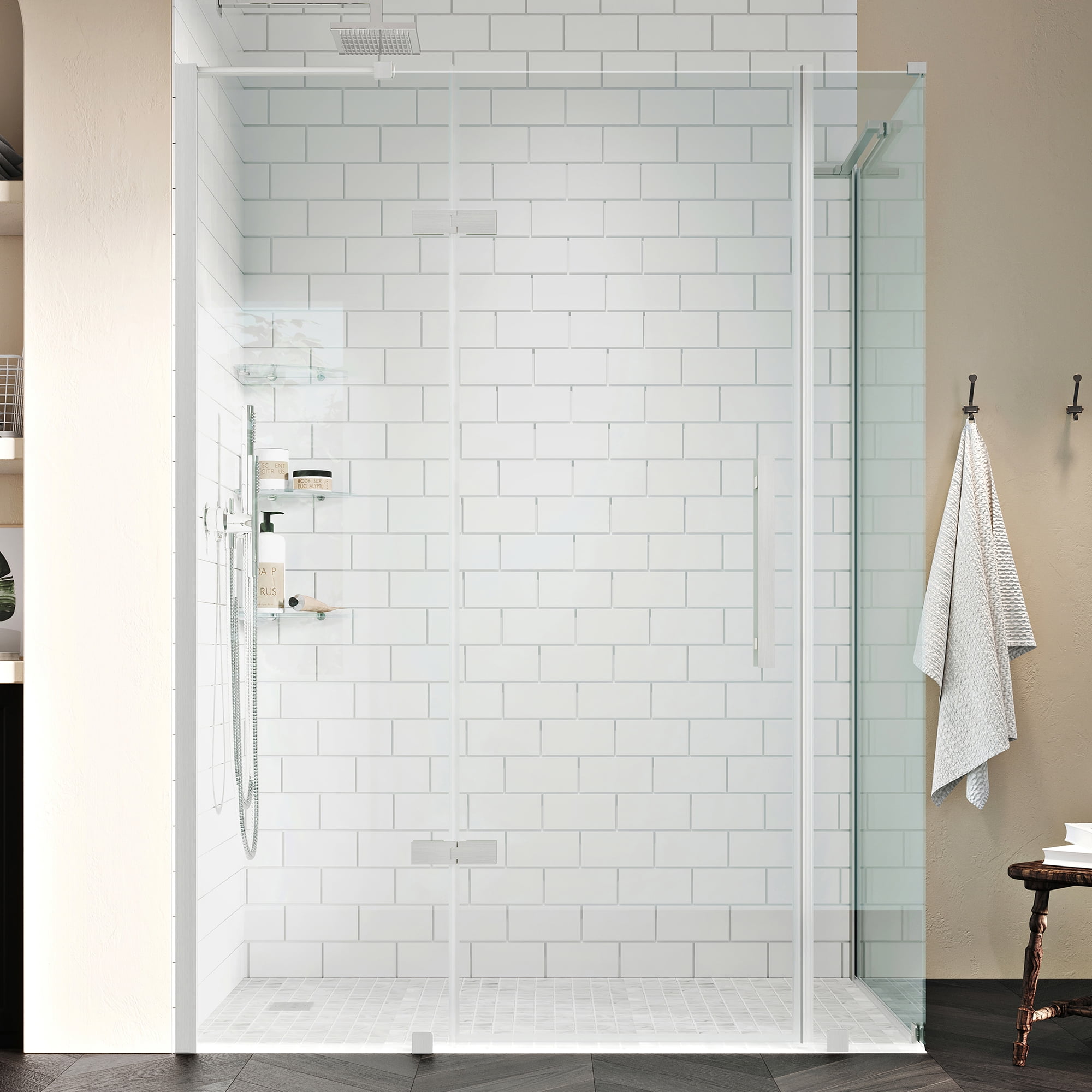 Tampa Satin Nickel Frameless Corner Shower Enclosure with Shelves