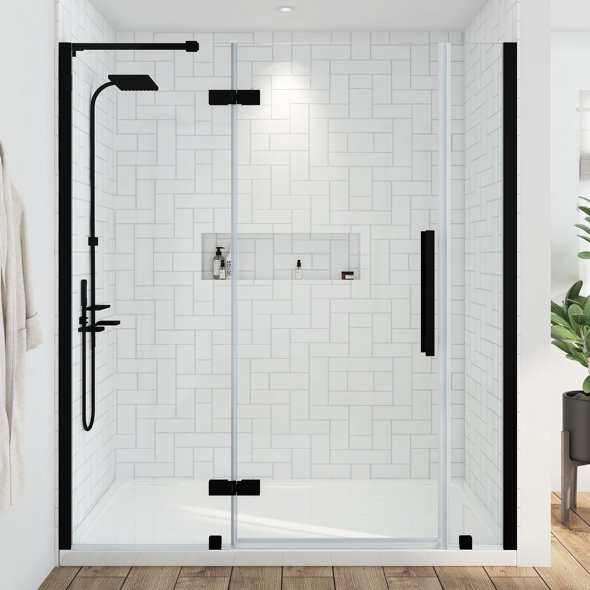 Ove Decors Tampa 60 in. L x 34 in. W x 72 in. H Alcove Shower Kit with Pivot Frameless Shower Door in Black and Shower Pan