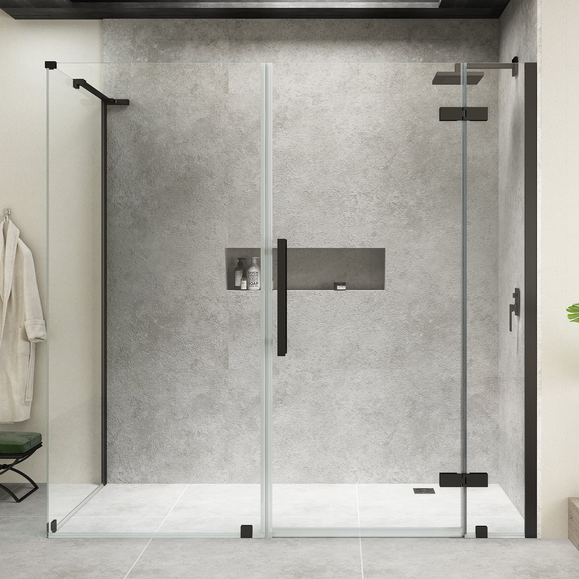 Endless Black Frameless Glass Corner Shower Kit, 68" W x 72" H