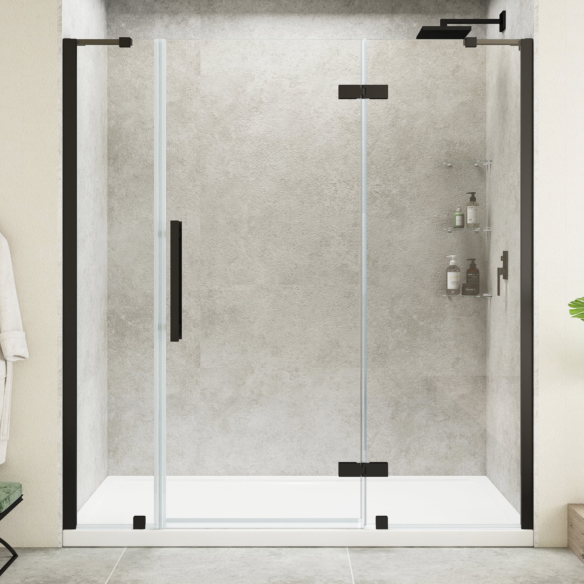 Tampa 72'' Black Frameless Rectangle Shower Kit with Shelves