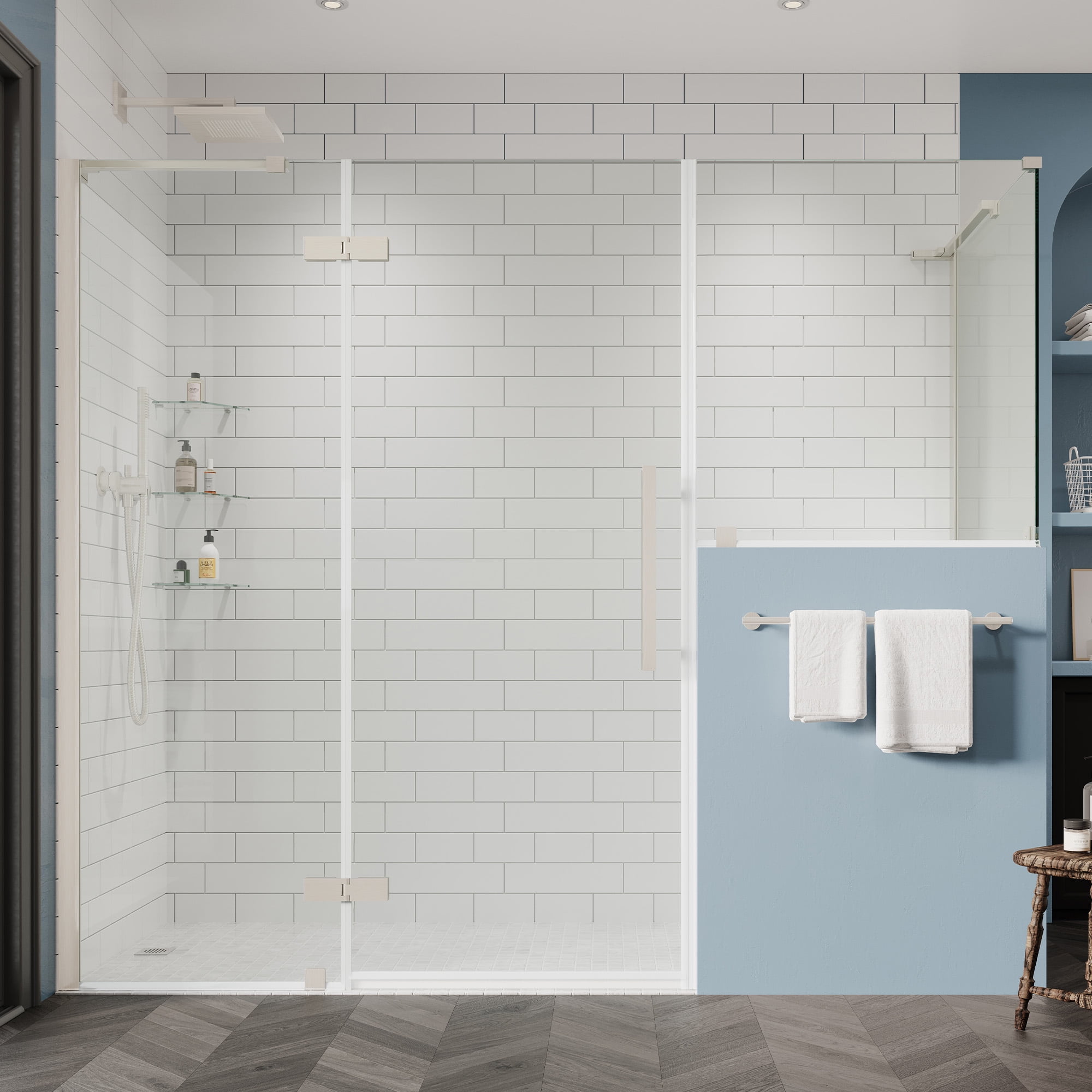 Tampa 74" Satin Nickel Frameless Corner Shower Enclosure with Glass Panels