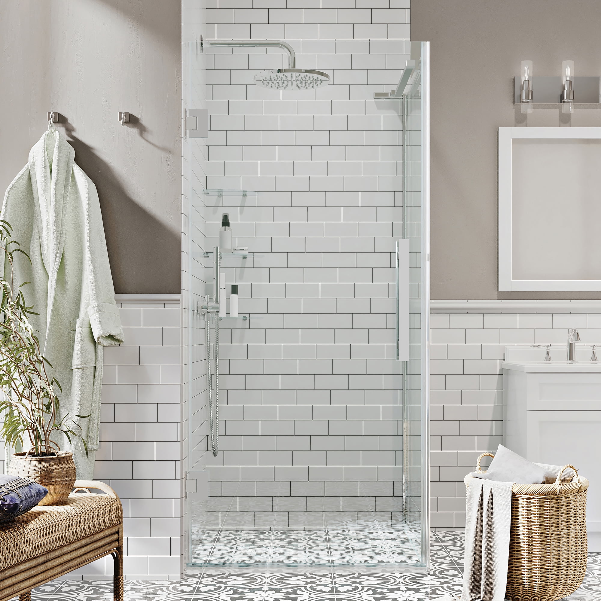 Tampa-Pro 23" x 72" Chrome Frameless Corner Shower Kit with Shelves