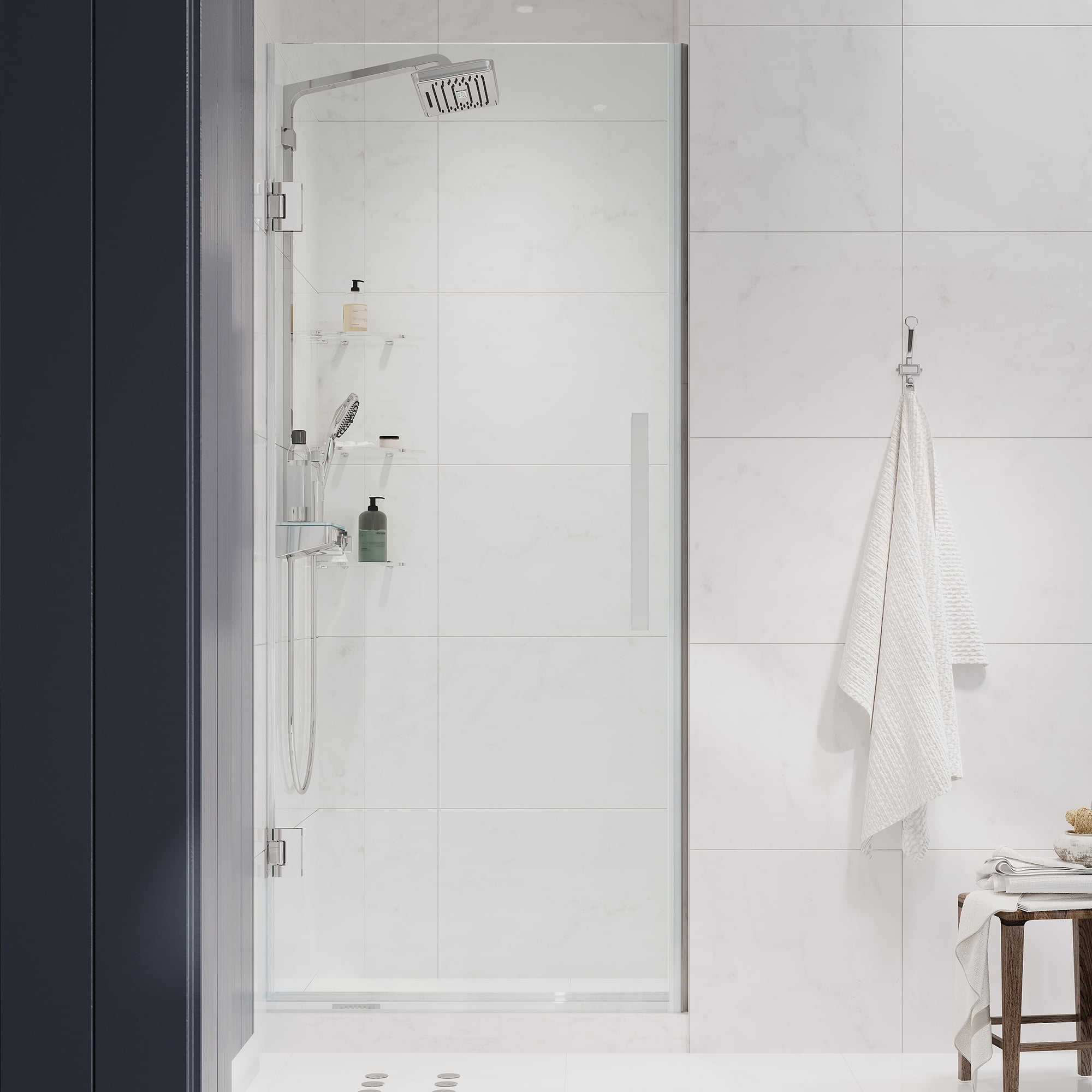 Chrome Frameless Pivot Shower Door Kit with Shelves, 72" Height