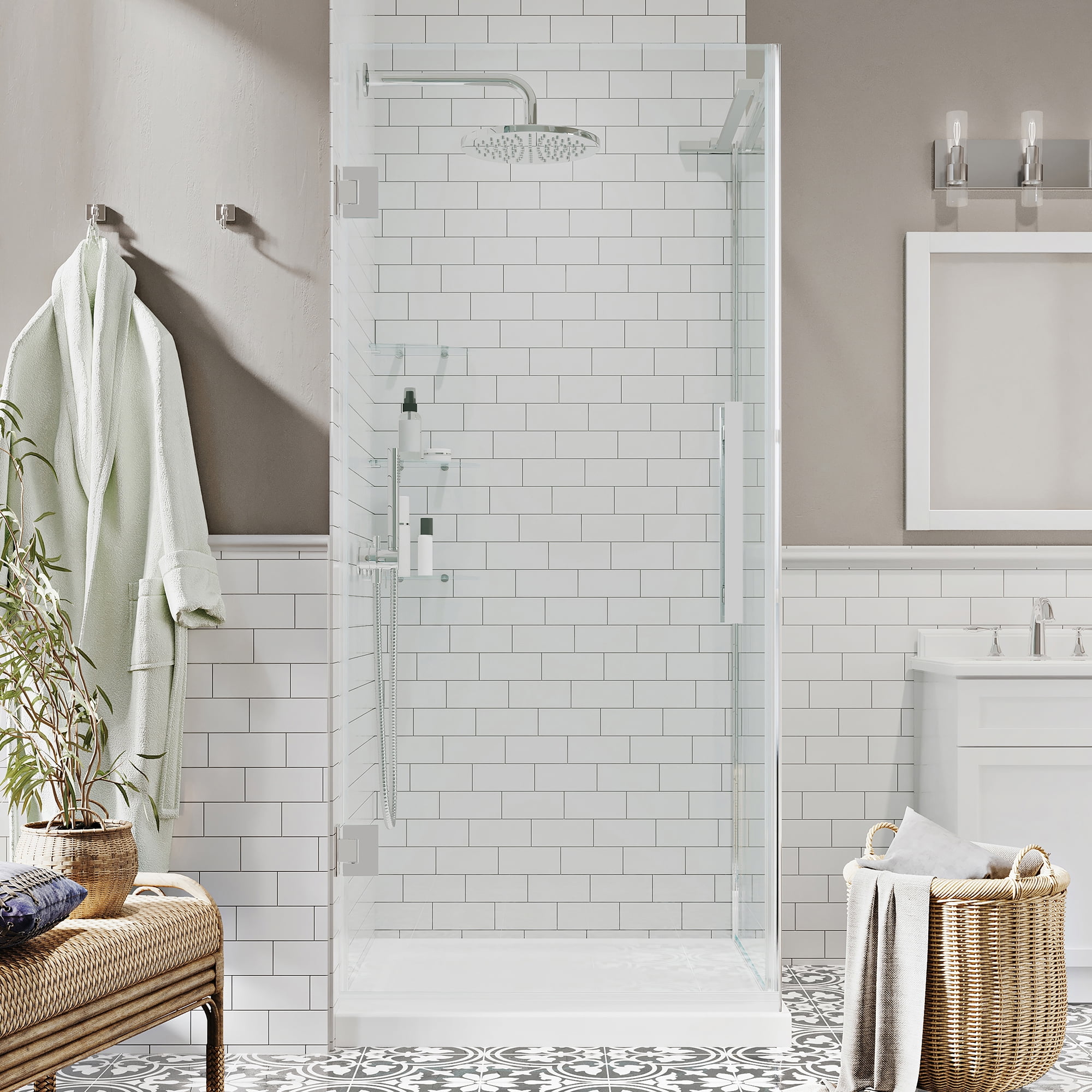 Tampa-Pro 32" x 72" Frameless Chrome Corner Shower Kit with Shelves