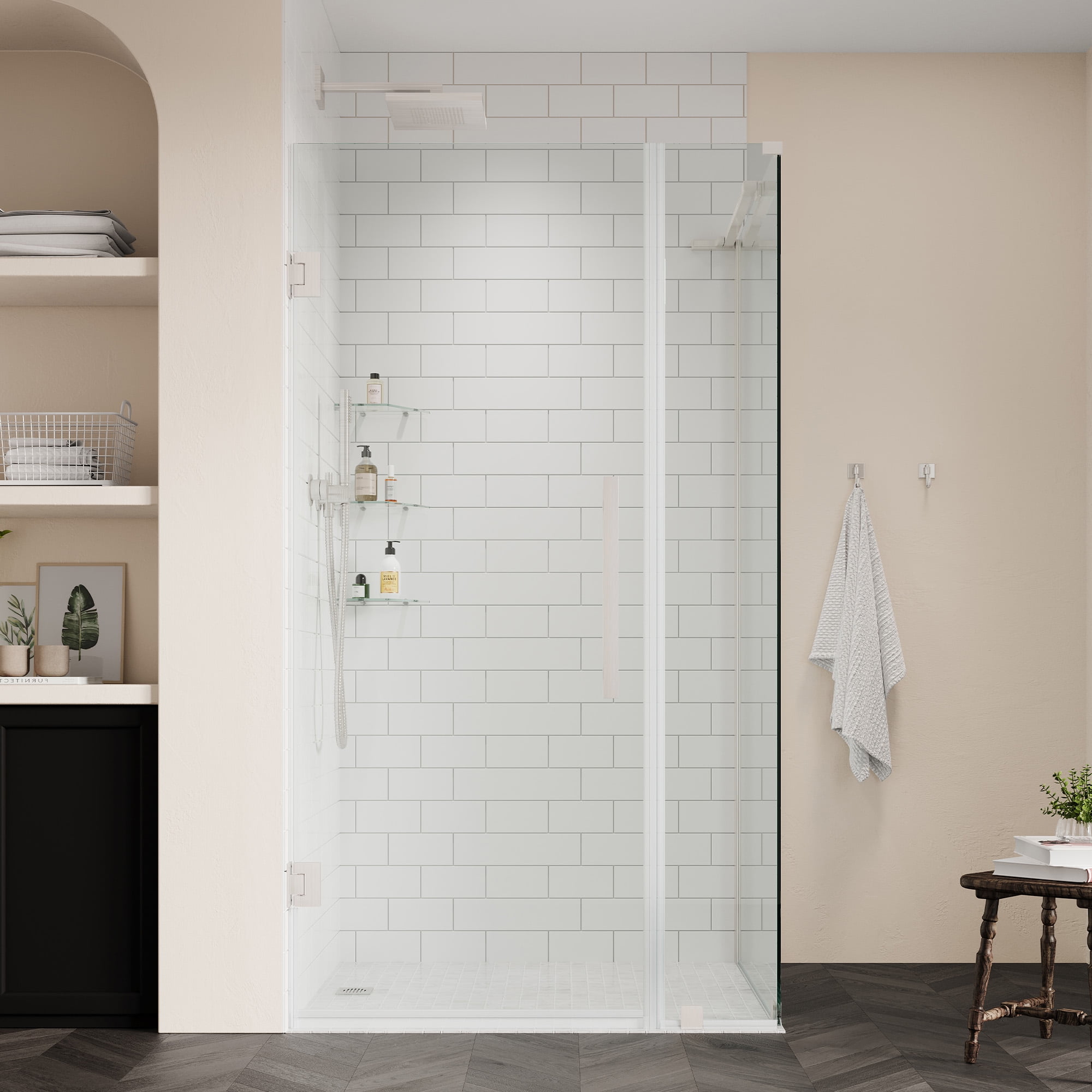 Tampa-Pro 33" Satin Nickel Frameless Corner Shower Enclosure with Shelves