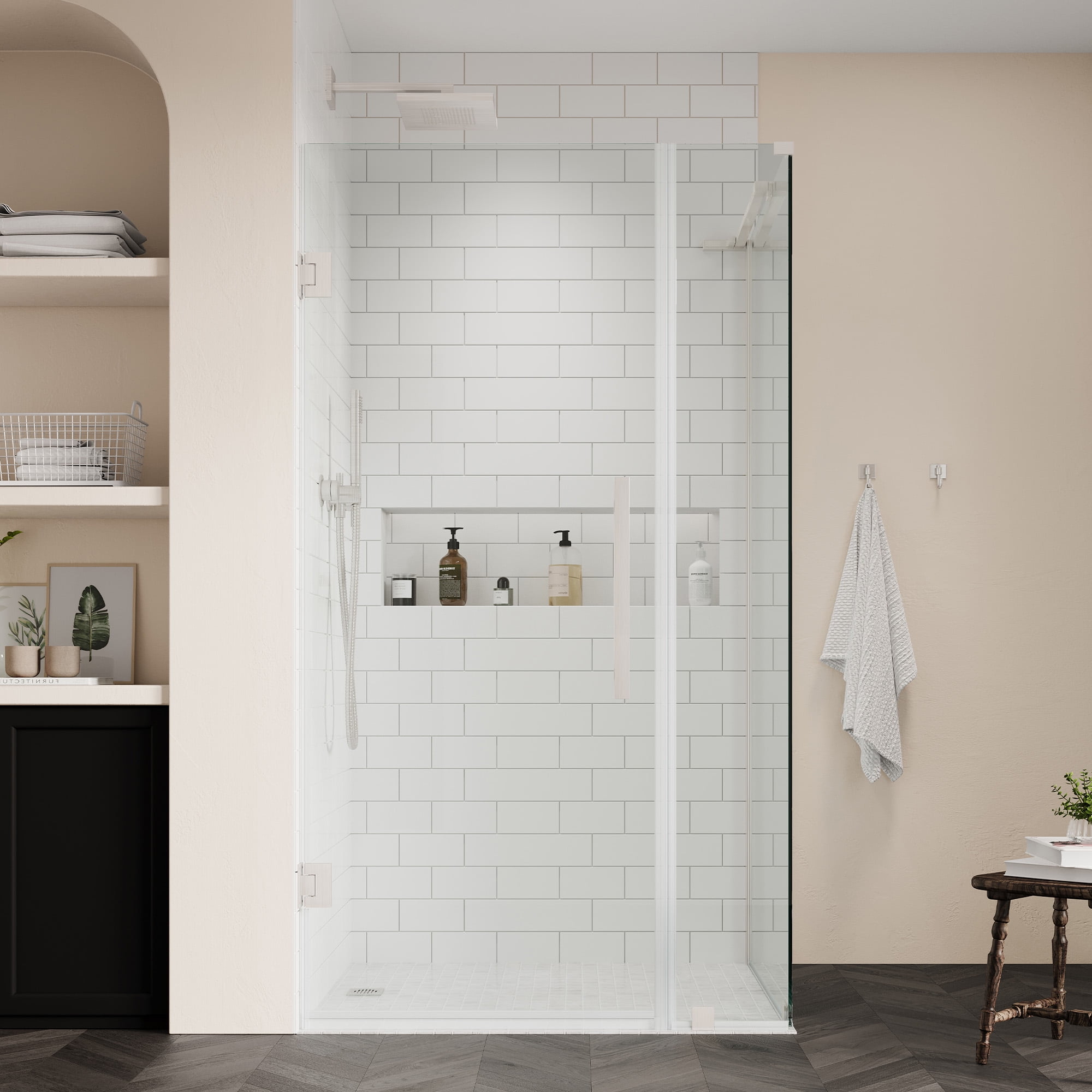 Tampa-Pro Frameless Satin Nickel Corner Shower Kit with Tempered Glass Panels