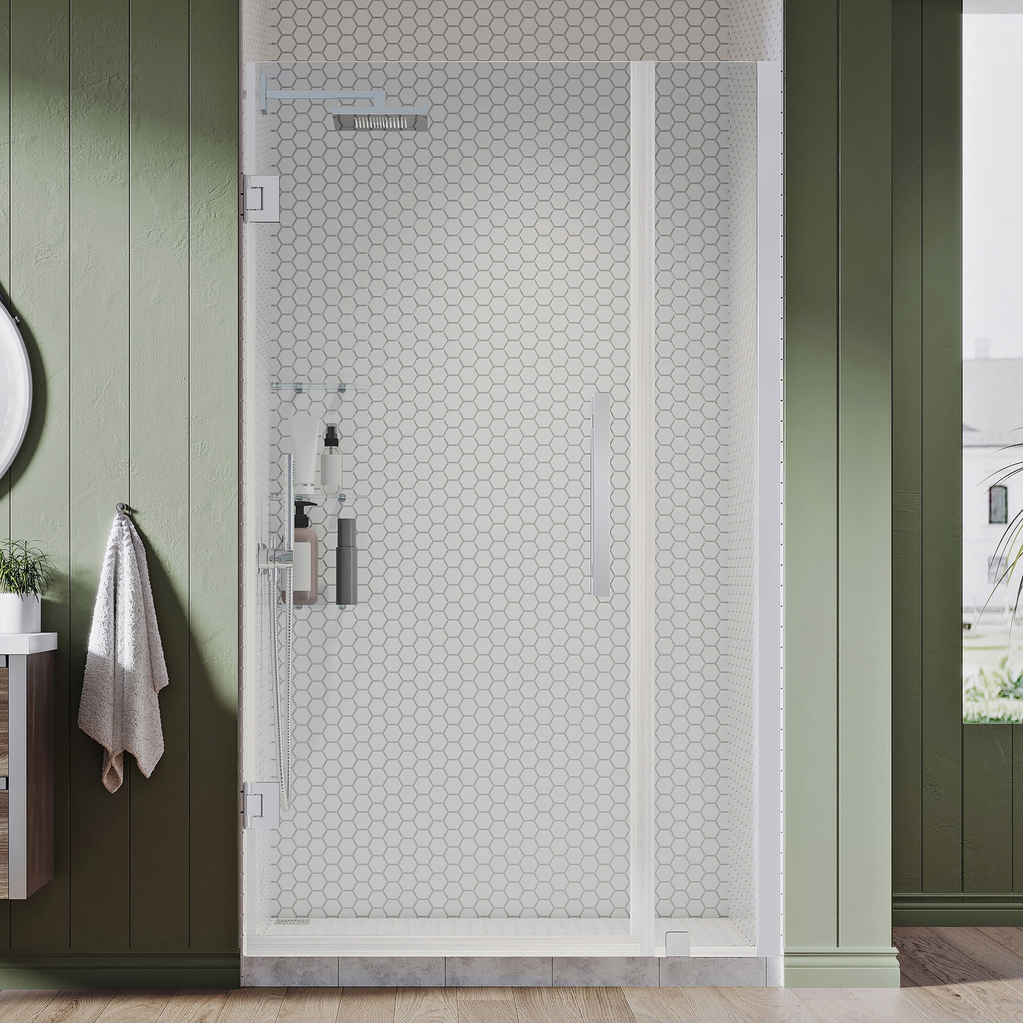 Tampa-Pro 37'' W x 72'' H Frameless Chrome Shower Kit with Shelves