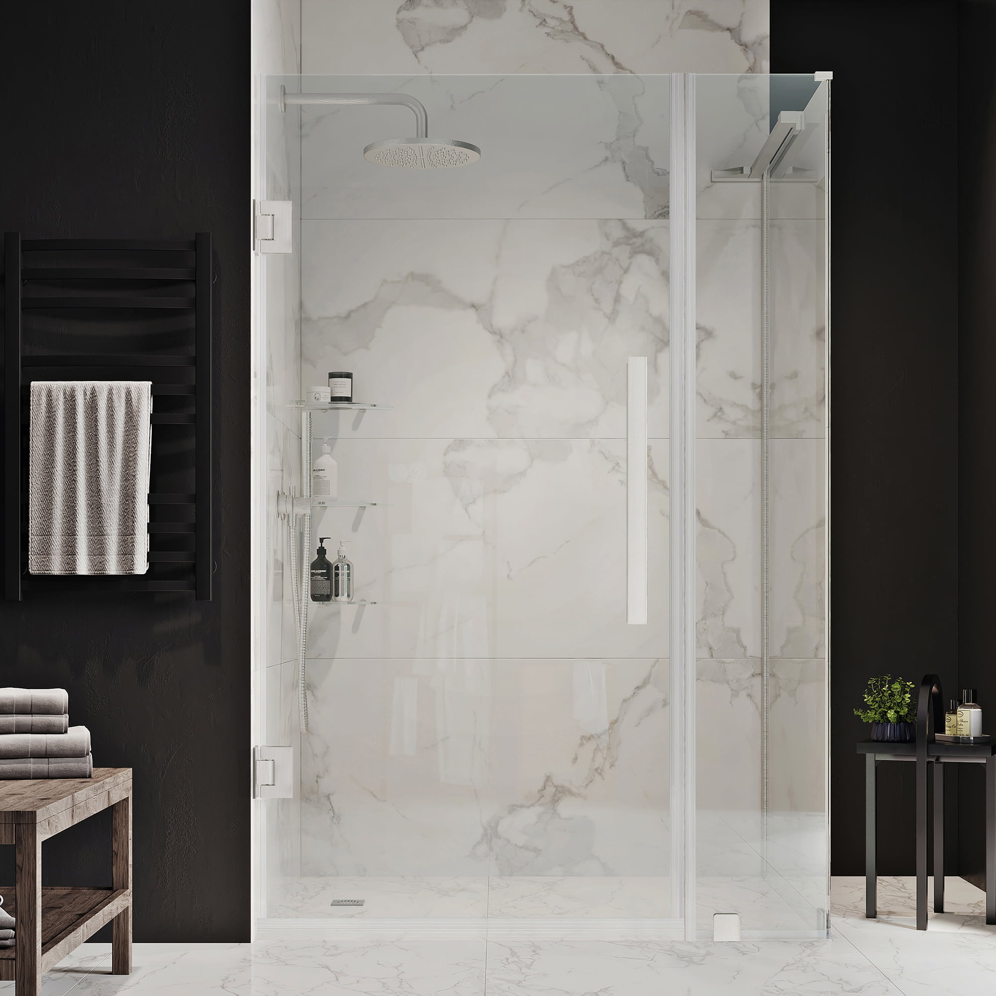 Tampa-Pro Satin Nickel Frameless Corner Shower Enclosure with Shelves