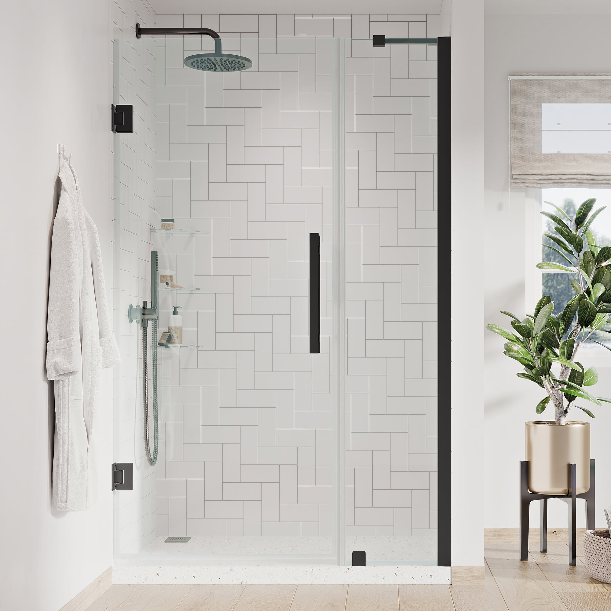 Tampa-Pro 72"H x 43"W Black Frameless Shower Kit with Shelves
