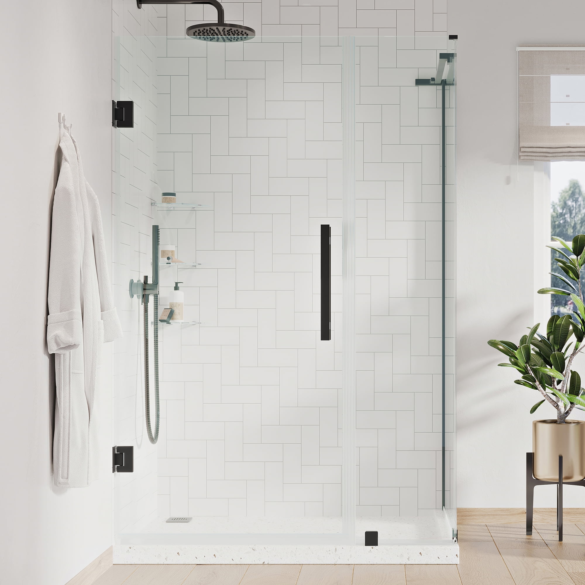 Tampa-Pro Black 43" x 72" Frameless Corner Shower Enclosure with Shelves