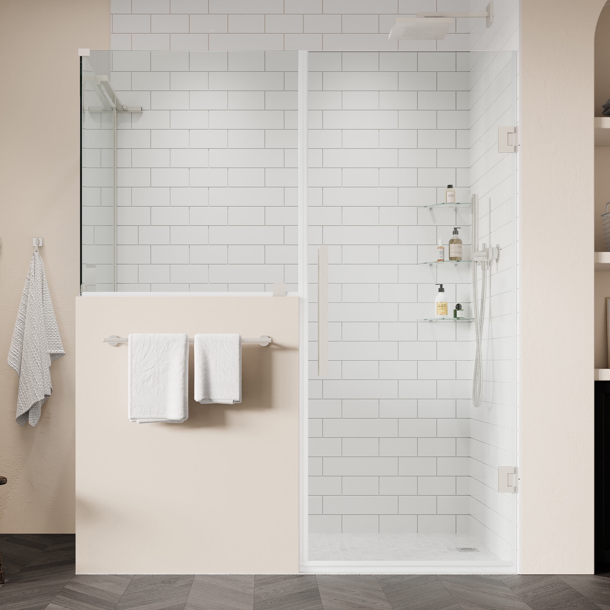 Satin Nickel Frameless Glass Corner Shower Kit with Shelves