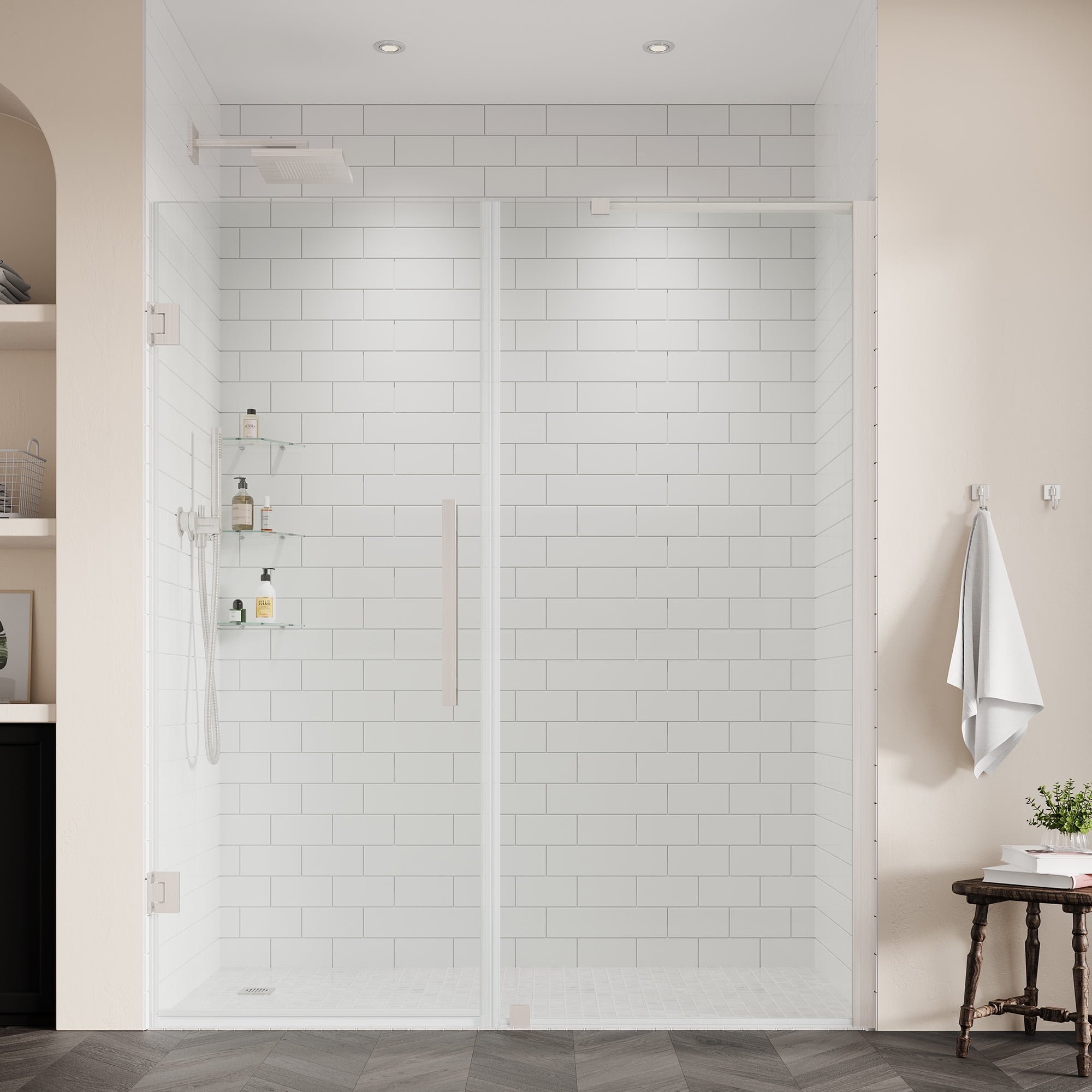 Satin Nickel Frameless Alcove Shower Kit with Clear Glass Panels
