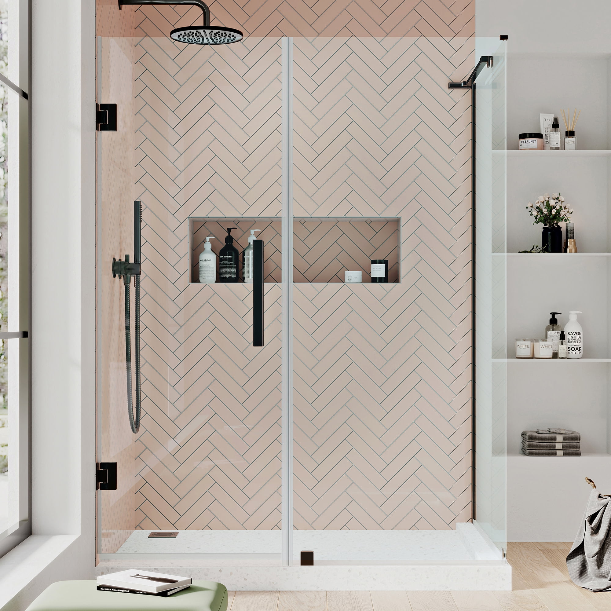 Tampa-Pro Oil Rubbed Bronze Frameless Corner Shower Kit with Tempered Glass Panels