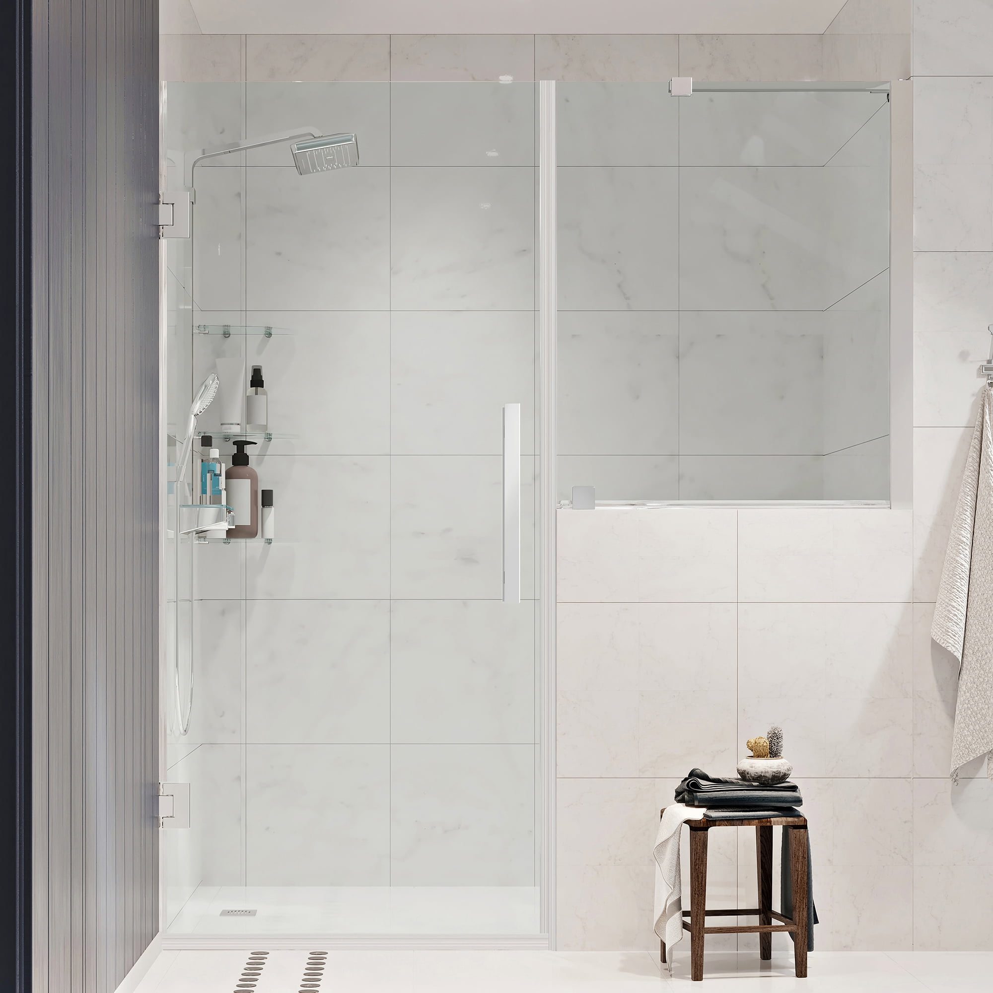Tampa-Pro 55" x 72" Chrome Frameless Shower Kit with Shelves