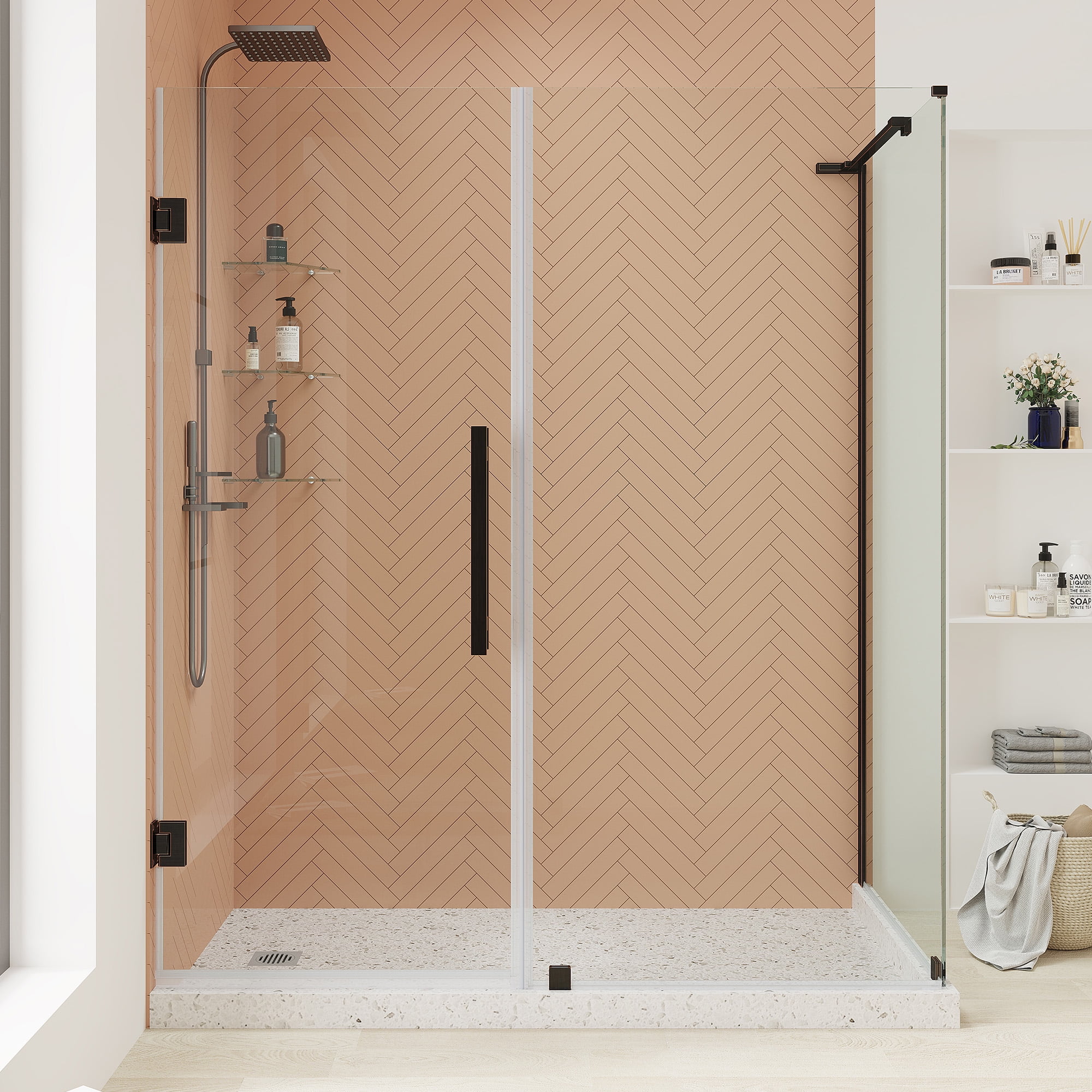 Tampa-Pro Oil Rubbed Bronze Frameless Corner Shower Kit with Shelves