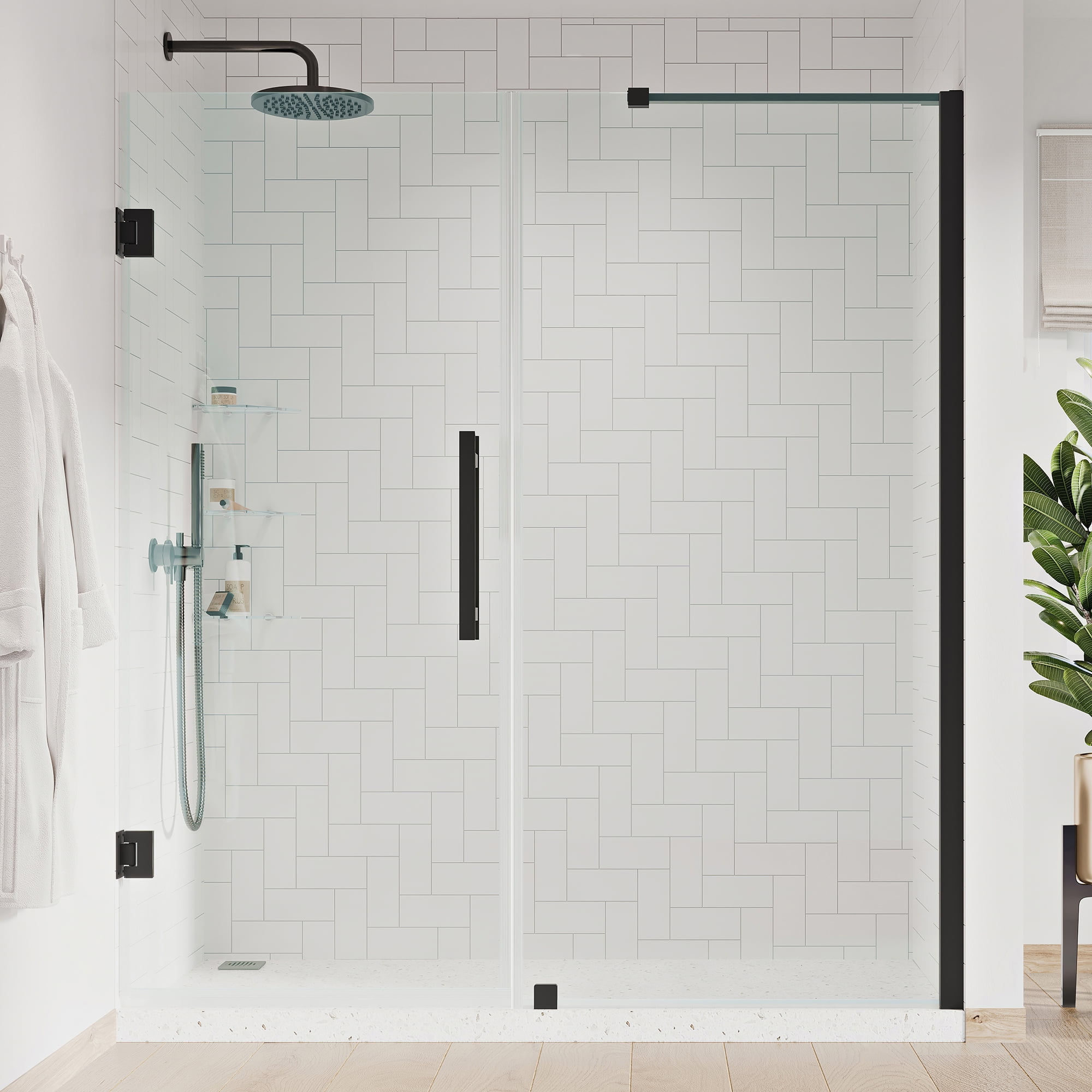 Black Frameless Alcove Shower Kit with Tempered Glass Panels