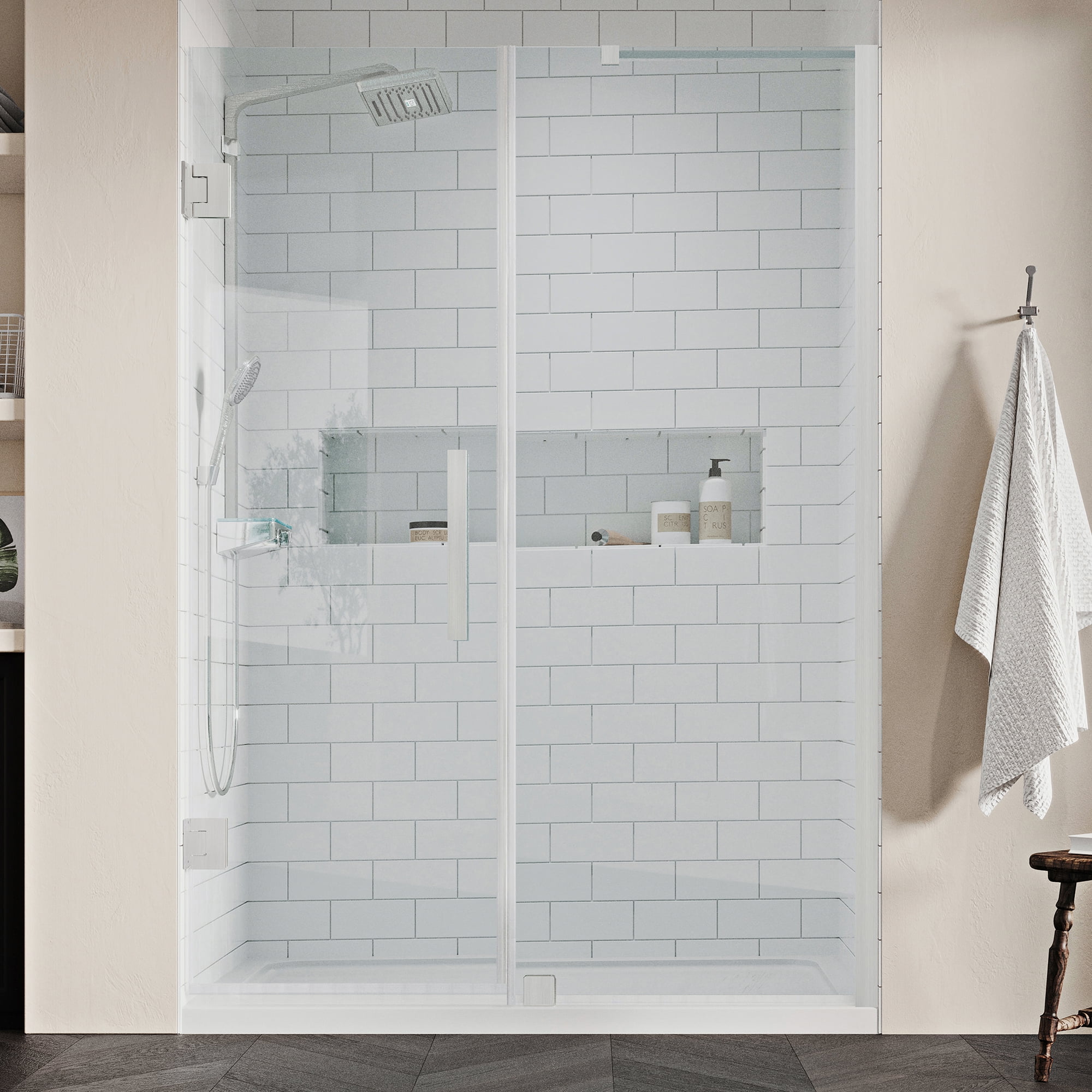 Tampa-Pro 60" Satin Nickel Frameless Alcove Shower Kit with Acrylic Base