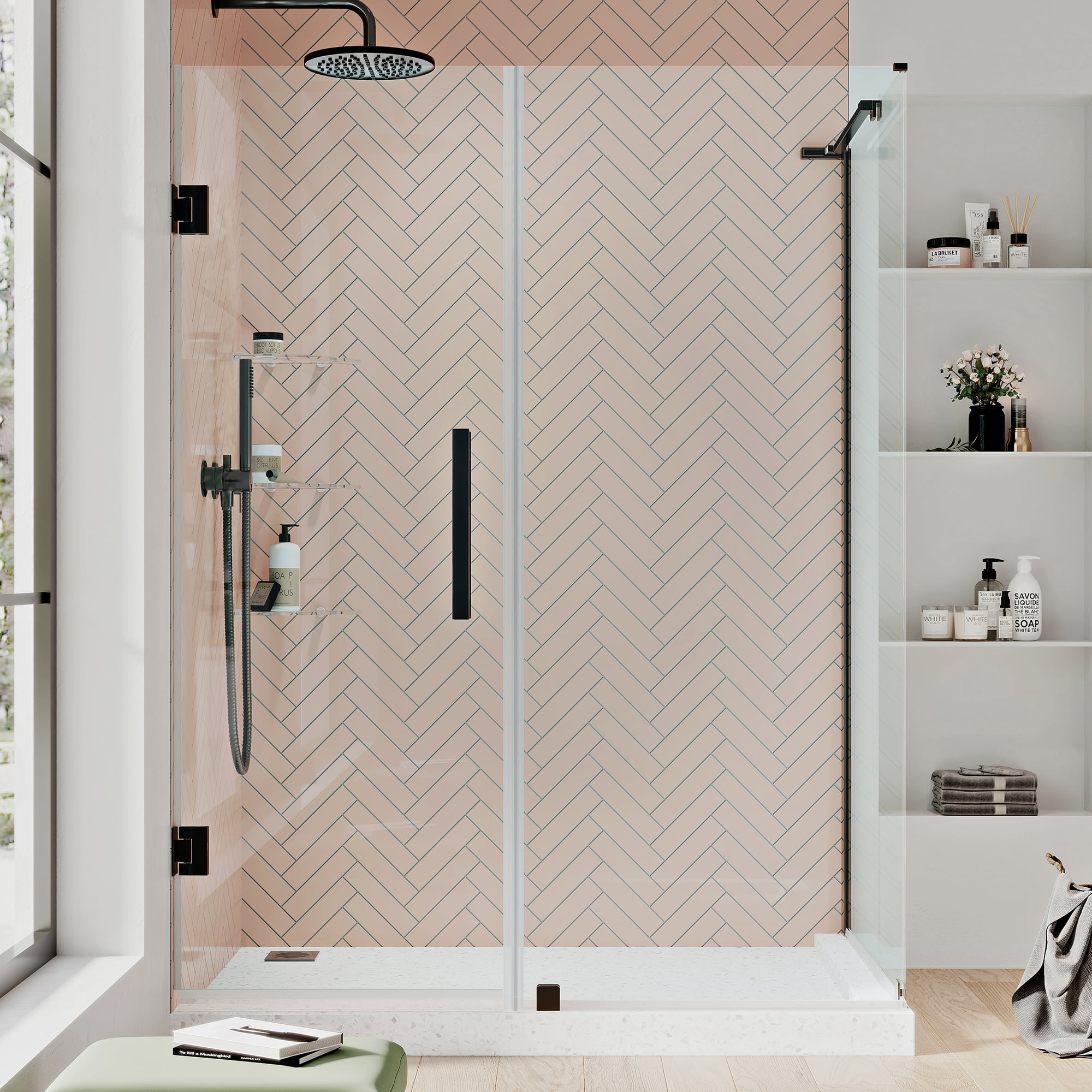 Tampa-Pro Oil Rubbed Bronze Frameless Corner Shower Enclosure with Shelves