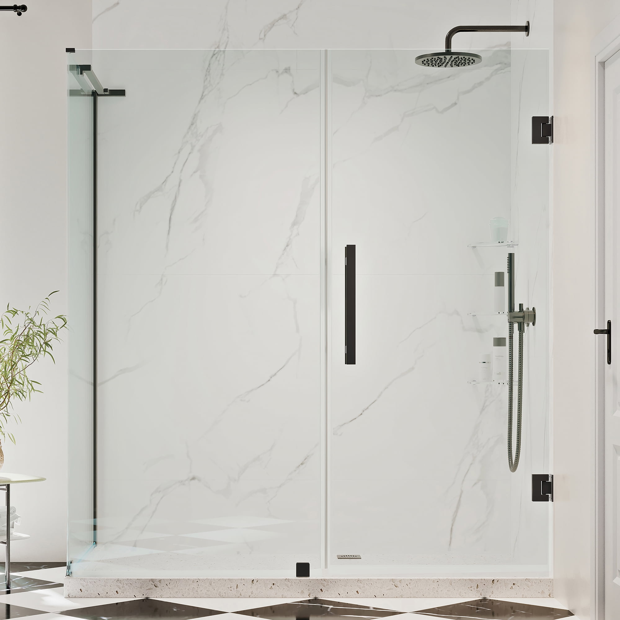 Tampa-Pro Matte Black Frameless Corner Shower Kit with Shelves