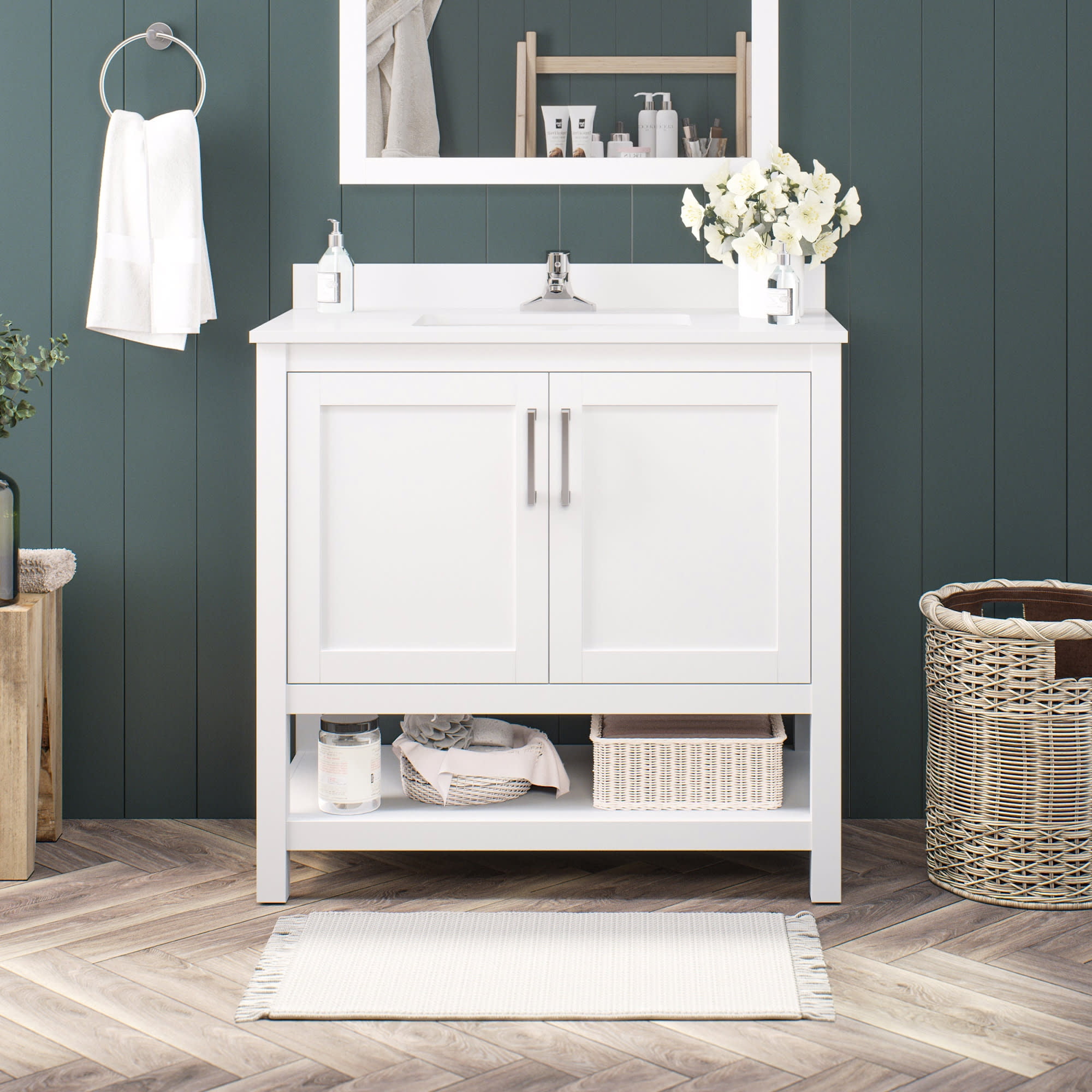 Vegas 36" Pure White Freestanding Bathroom Vanity with Marble Top