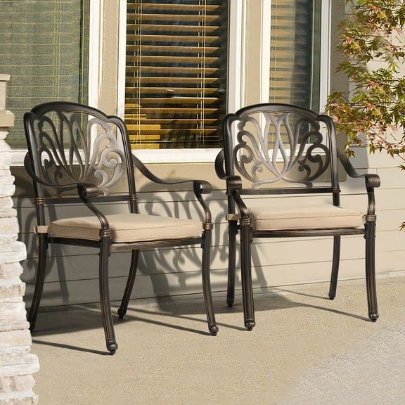 OvePatio Dining Chairs Set of 2 for Patio, Dining Room, Lawn, Yard, Deck, Aluminum Chairs w Cushion, Bronze