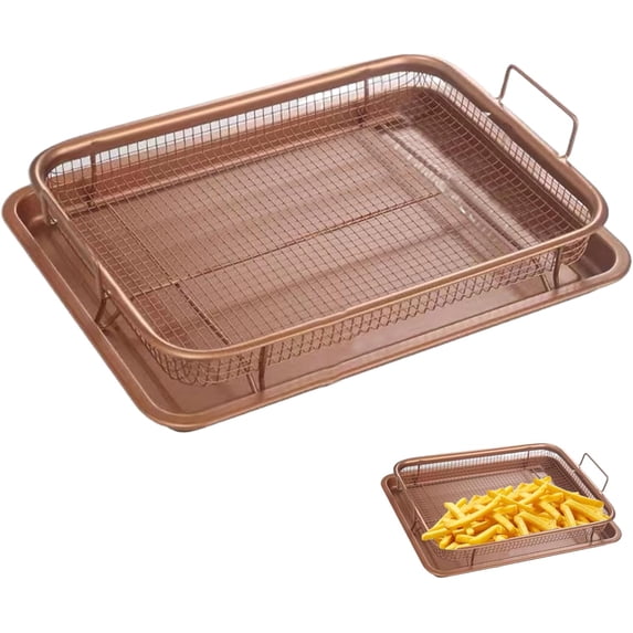 Oven Air Fryer Basket and Tray: Stainless Steel Air Fryer Pan Crisper Tray for Oven, Air Fryer Basket for Oven, 13"L x9" W Non-Stick Baking Sheet with Wire Rack, Microwave Bacon Tray (Rose Gold)