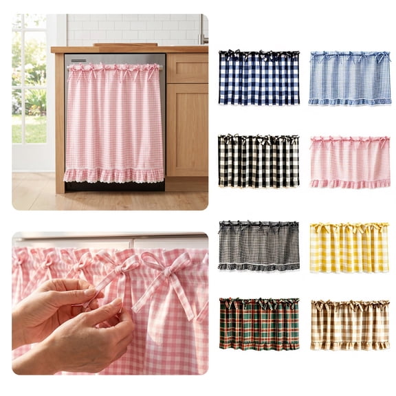 Oven Cover Curtain, Farmhouse Kitchen Skirt for Oven Stove Dishwasher, Ruffled Lace Trim & Bow-Tied Straps, No-Tool Installation, Polyester-Cotton Blend, 78x55cm (D)