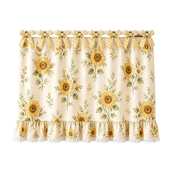 Oven Curtain, Farmhouse Sunflower Print Tier Curtain with Ruffled Lace Trim, 30.7 Inch x 21.7 Inch 1 Pack, Tie Top Decorative Window Curtain for Kitchen Range Hood Small Window Cottage Home Decor