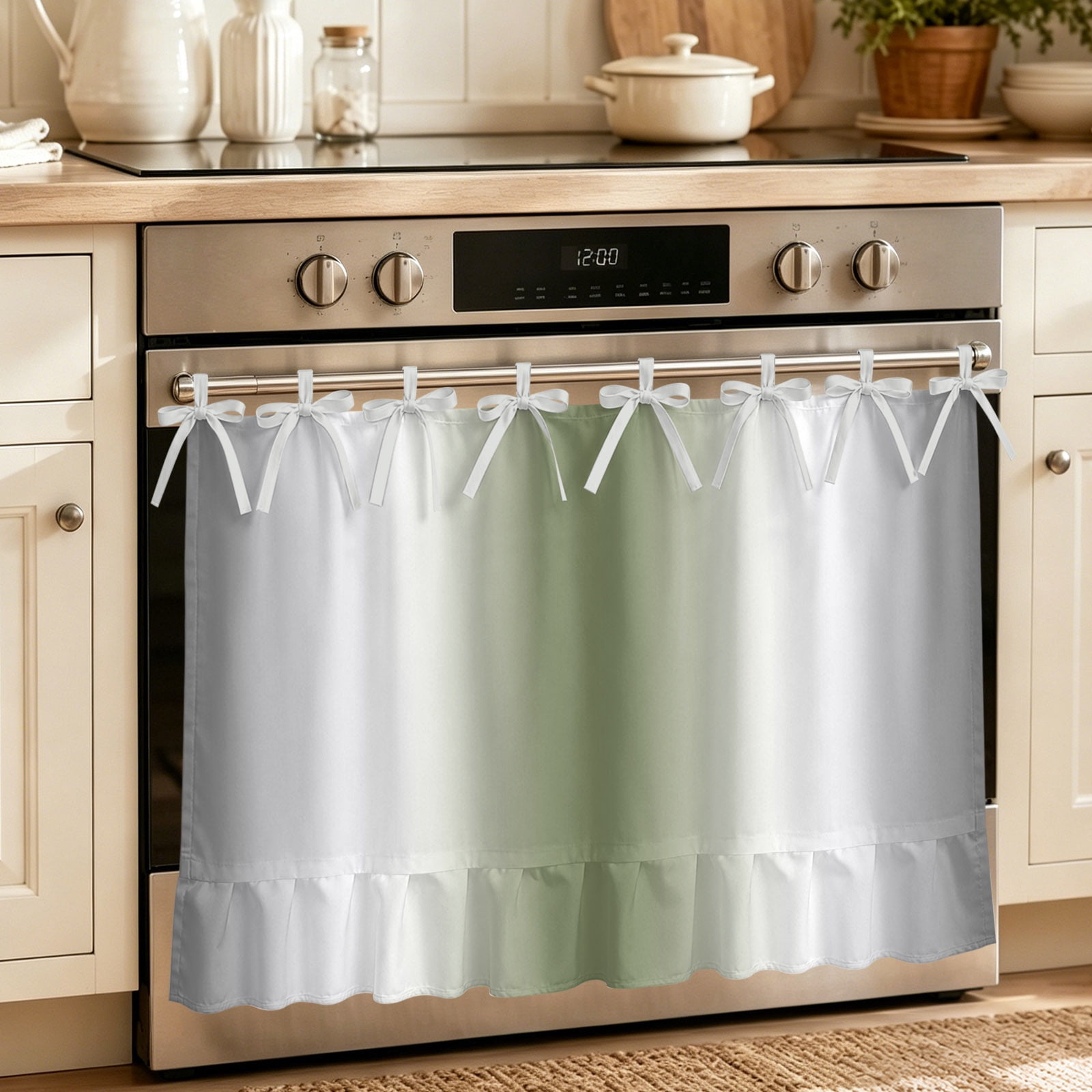 Oven Curtain for Kitchen, Gradient Green Grey Stripes Stove Curtain ...