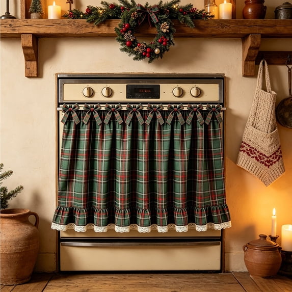 Oven Curtain Skirt 30"x22", Christmas Decorations, Farmhouse Kitchen Decor, Red & Green Checkered, Polyester Stove Cover Skirt, Ruffled Lace Trim, Rustic Tie Top Oven Door Curtain for Cottage Kitchen