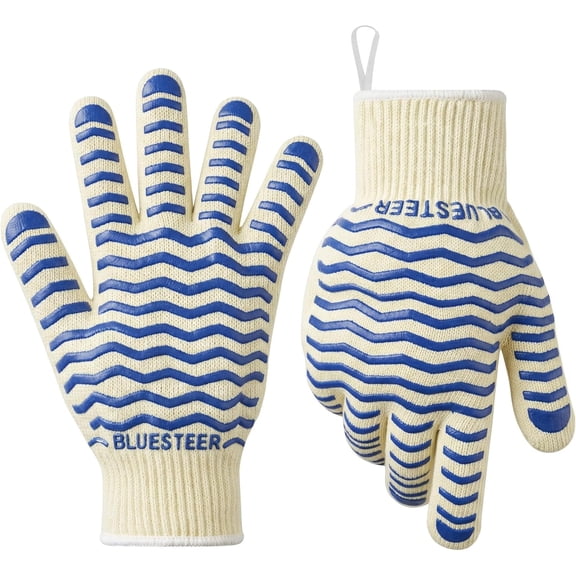Oven Gloves 932F Heat Resistant Oven Mitts with Fingers, Heat Proof BBQ Grill Gloves Silicone Grip Fireproof Gloves for Kitchen Cooking Grilling Baking