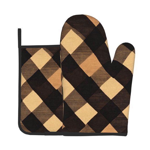 Oven Mitt And Trivet Set (2-Piece) High-Heat Resistance Thickened Extended-Length Kitchen Oven Mitts Non-Slip Trivets Argyle Plaid Brown_2