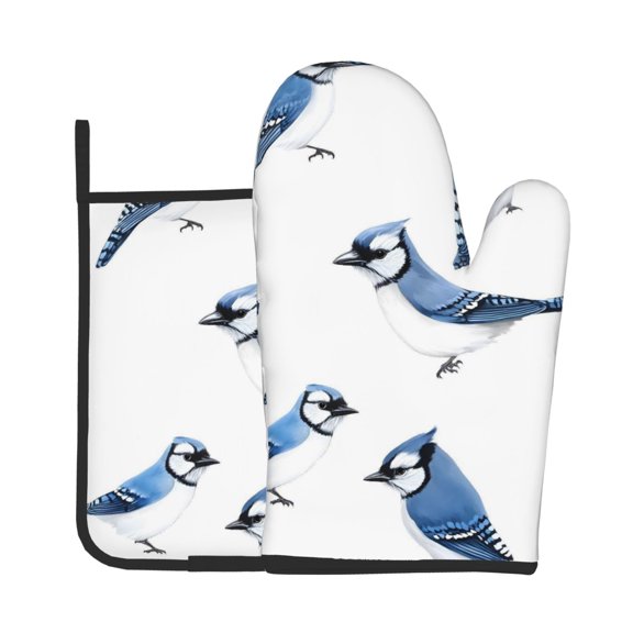 Oven Mitt And Trivet Set (2-Piece) High-Heat Resistance Thickened Extended-Length Kitchen Oven Mitts Non-Slip Trivets Blue-And-White Bird