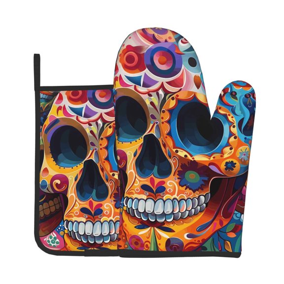 Oven Mitt And Trivet Set (2-Piece) High-Heat Resistance Thickened Extended-Length Kitchen Oven Mitts Non-Slip Trivets Festive Sugar Skulls (4)