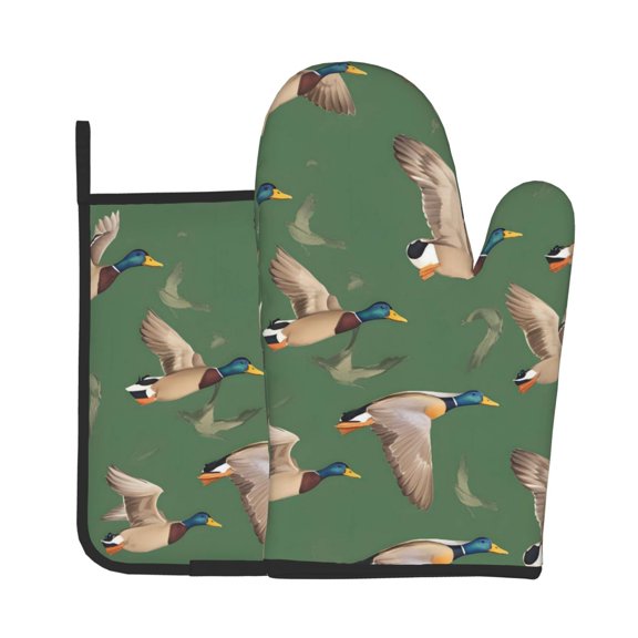 Oven Mitt And Trivet Set (2-Piece) High-Heat Resistance Thickened Extended-Length Kitchen Oven Mitts Non-Slip Trivets Flying Mallard Ducks