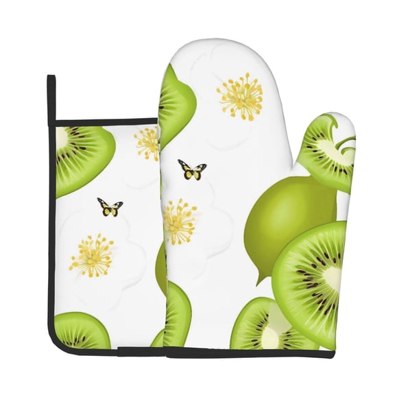 Oven Mitt And Trivet Set (2-Piece) High-Heat Resistance Thickened Extended-Length Kitchen Oven Mitts Non-Slip Trivets Kiwi Fruit