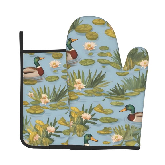 Oven Mitt And Trivet Set (2-Piece) High-Heat Resistance Thickened Extended-Length Kitchen Oven Mitts Non-Slip Trivets Pond Ducks