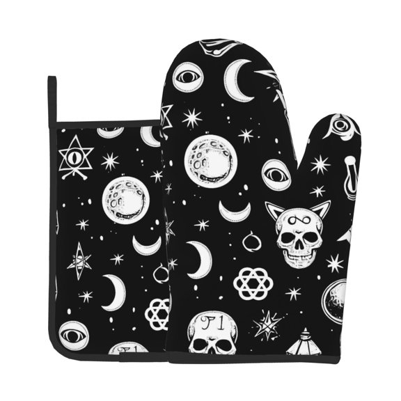 Oven Mitt And Trivet Set (2-Piece) High-Heat Resistance Thickened Extended-Length Kitchen Oven Mitts Non-Slip Trivets Retro Skull Head (2)