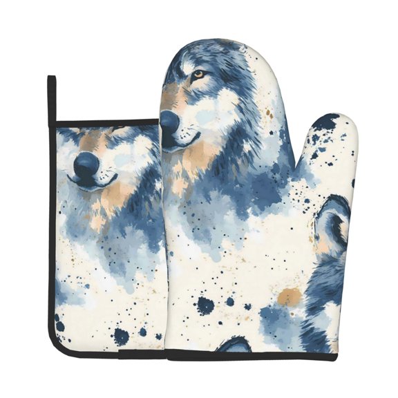 Oven Mitt And Trivet Set (2-Piece) High-Heat Resistance Thickened Extended-Length Kitchen Oven Mitts Non-Slip Trivets Wolf