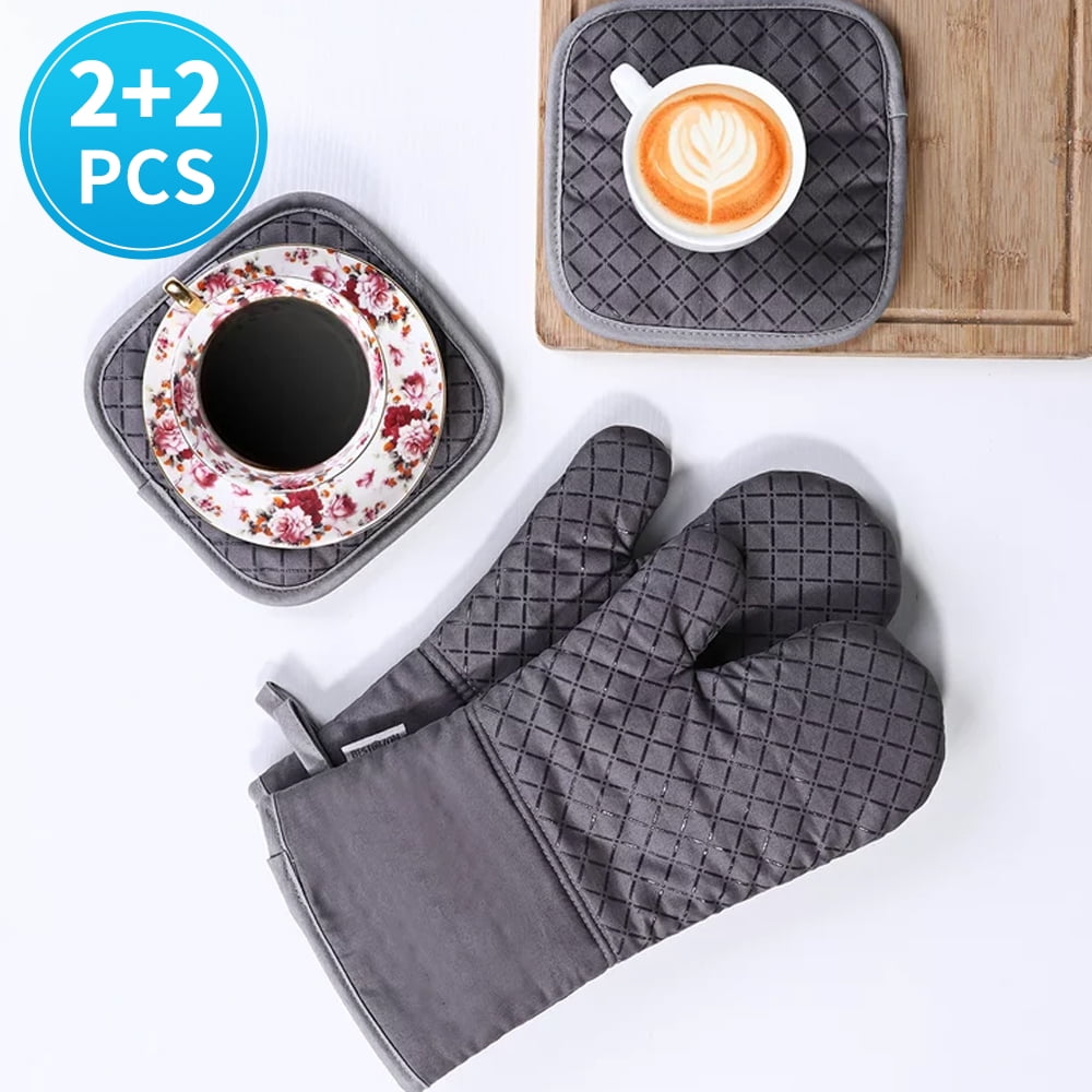 Oven Mitts And Pot Holders Set, Black Grid High Heat Resistant 500