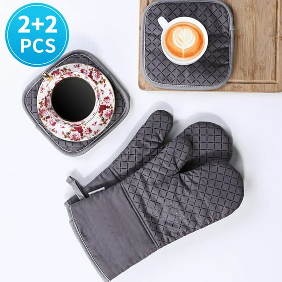 Oven Mitt and Pot Holder Set,Extra Long Oven Mitts and Pot Holders 4pcs BBQ Set,500F Heat Resistant Non-Slip Silicone for Kitchen Baking Cooking, Quilted Liner, Black