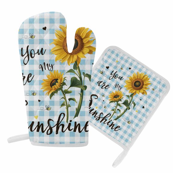 Oven Mitt and Pot Holders SetBee Sunflower Heat Resistance Oven Gloves with Non-Slip Surface Kitchen Oven Mitts and Hot Pads for Cooking Baking Grilling BBQ, Blue Plaid You Are My Sunshine