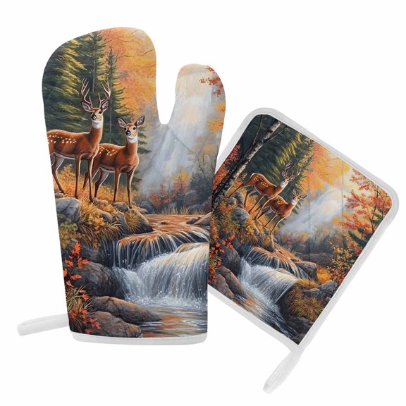 Oven Mitt and Pot Holders SetDeer Heat Resistance Oven Gloves with Non-Slip Surface Kitchen Oven Mitts and Hot Pads for Cooking Baking Grilling BBQ, Mount Leaves Forest River
