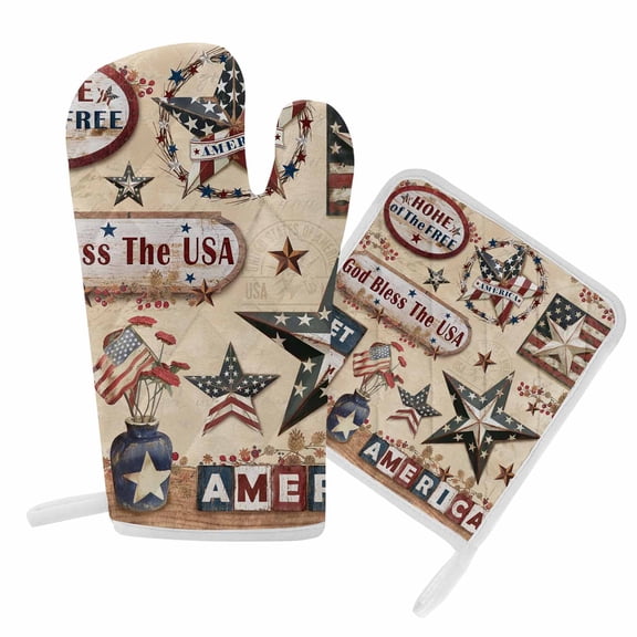 Oven Mitt and Pot Holders SetPatriotic Star American Flag Heat Resistance Oven Gloves with Non-Slip Surface Kitchen Oven Mitts and Hot Pads for Cooking Baking Grilling BBQ, Country Style